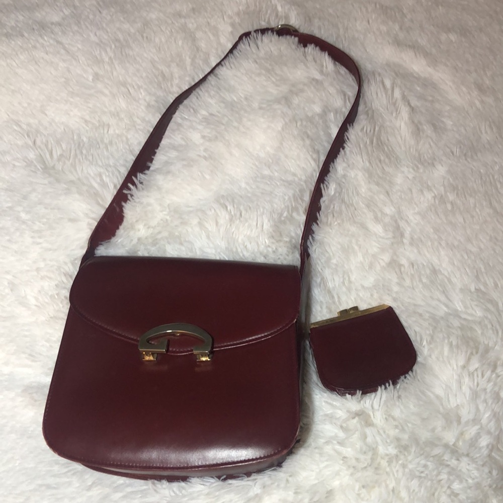 Vintage Gucci Leather Burgundy Maroon Shoulder Bag with Coin Purse